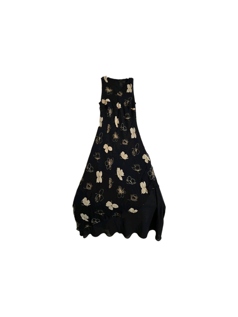 jaeger silk dress Maxi Sleeveless W Metalic Gold Floral Vtg 90 Asymmetric Hem